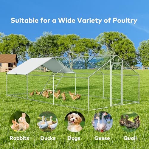 Large Metal Chicken Coop Walk-in Poultry Cage with Waterproof and UV-Resistant Cover, Outdoor Chicken Run Poultry Hen House for Backyard Farm Use