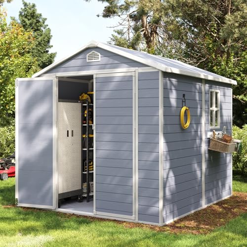 Aoxun 6 x 8 FT Outdoor Storage Shed with Window, Resin Shed with Floor & Lockable Doors