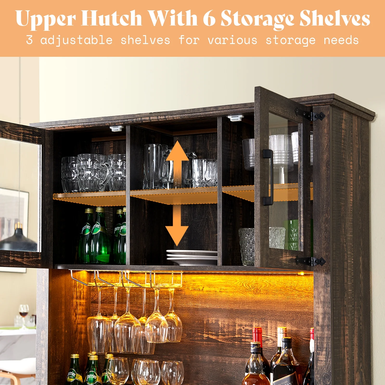 Amerlife Farmhouse Kitchen Cabinet Coffee Display Bar with LED Lights, Dark Rustic Oak