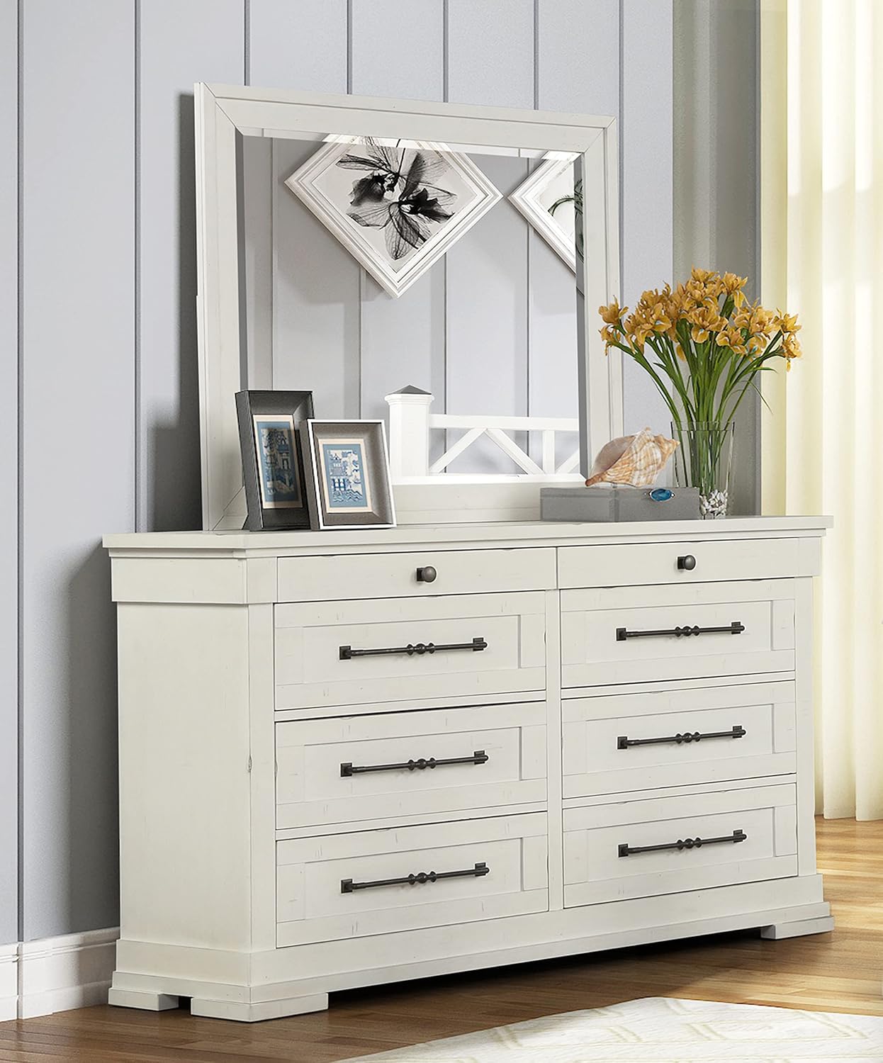 Roundhill Furniture Laria Wood Panel Bed with Dresser, Mirror, and Nightstand, Queen, Antique White