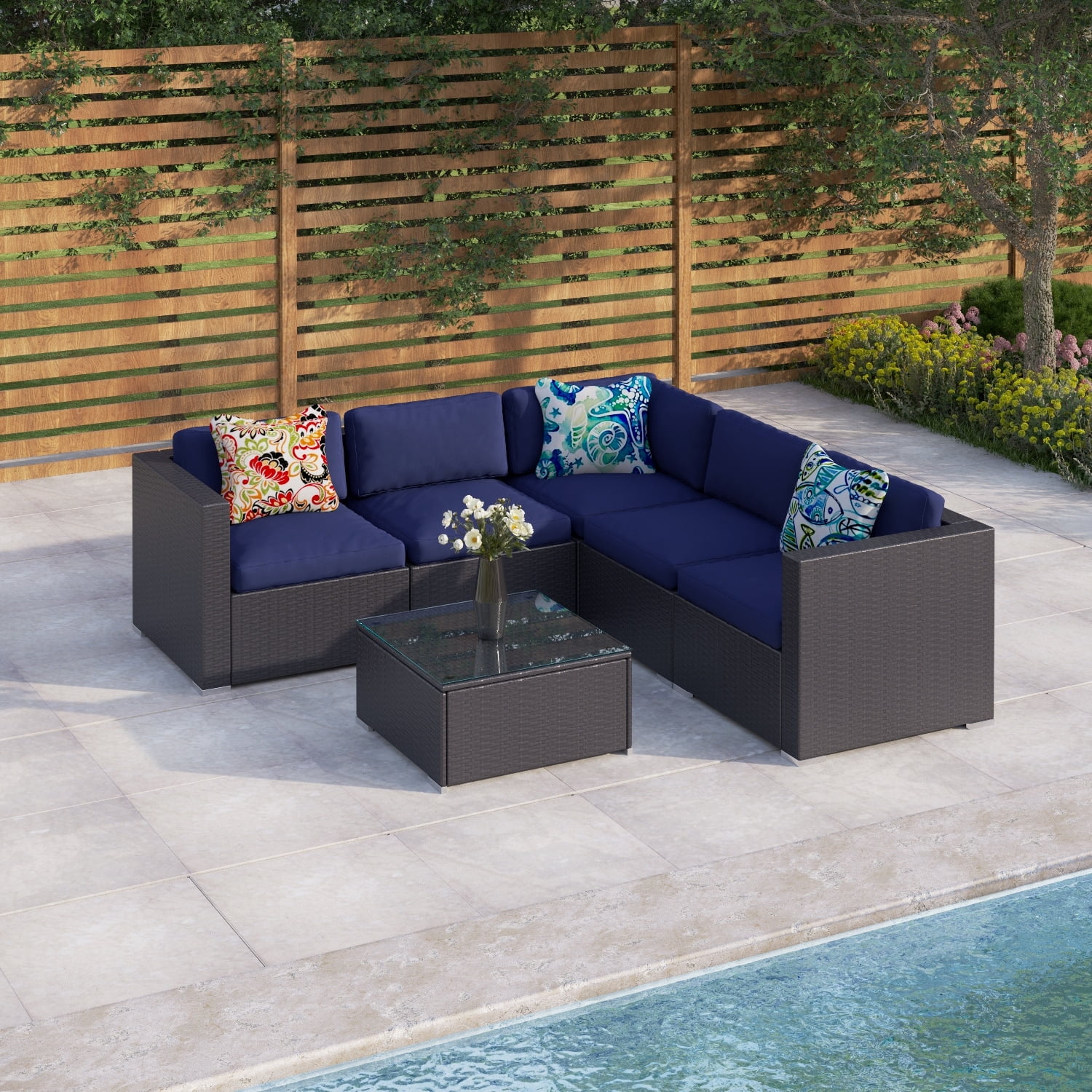 PHI VILLA 6-Piece Outdoor Sectional Sofa Rattan Patio Furniture Set Conversation Set with Tea Table, Beige