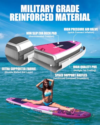 Highpi Inflatable Stand Up Paddle Board Premium SUP Accessories, Backpack, Wide Stance, Surf Control, Non-Slip Deck, Leash, Paddle and Pump