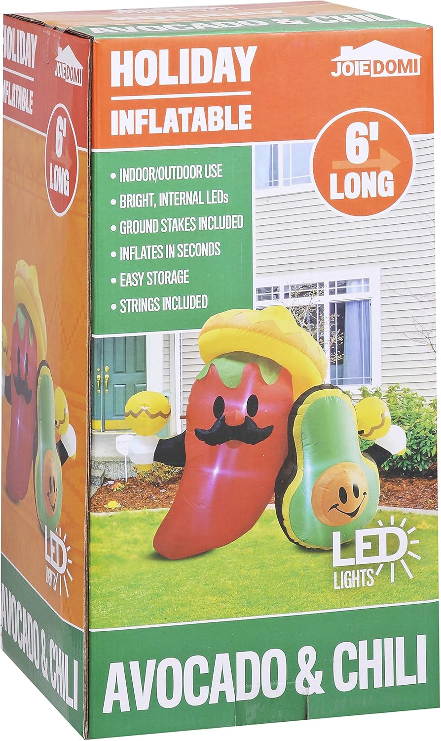Cinco de Mayo Inflatable Decoration 6 FT Long Fiesta Avocado and Chili with Build-in LEDs Blow Up Inflatables for Holiday Party Indoor, Outdoor, Yard
