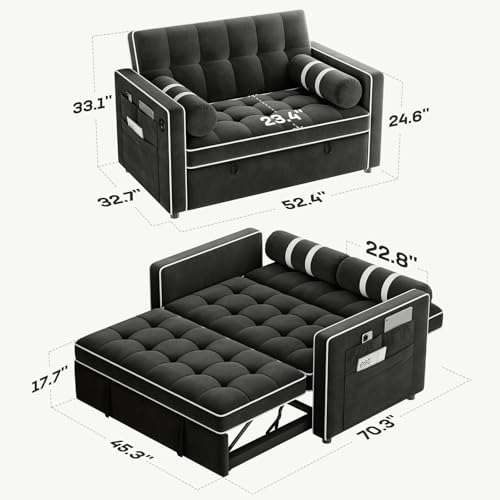Marsail Sofa Bed, 3-in-1 Convertible Sleeper Sofa, Futon Couch with USB Charging, Side Pockets & Adjustable Backrest, Pull Out Couch for Living Room