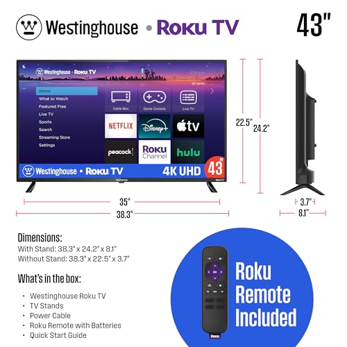 Westinghouse Roku TV - 43 Inch Smart TV, 4K UHD QLED Television w/HDR 10+, Dolby Vision, Wi-Fi & Mobile App Connectivity