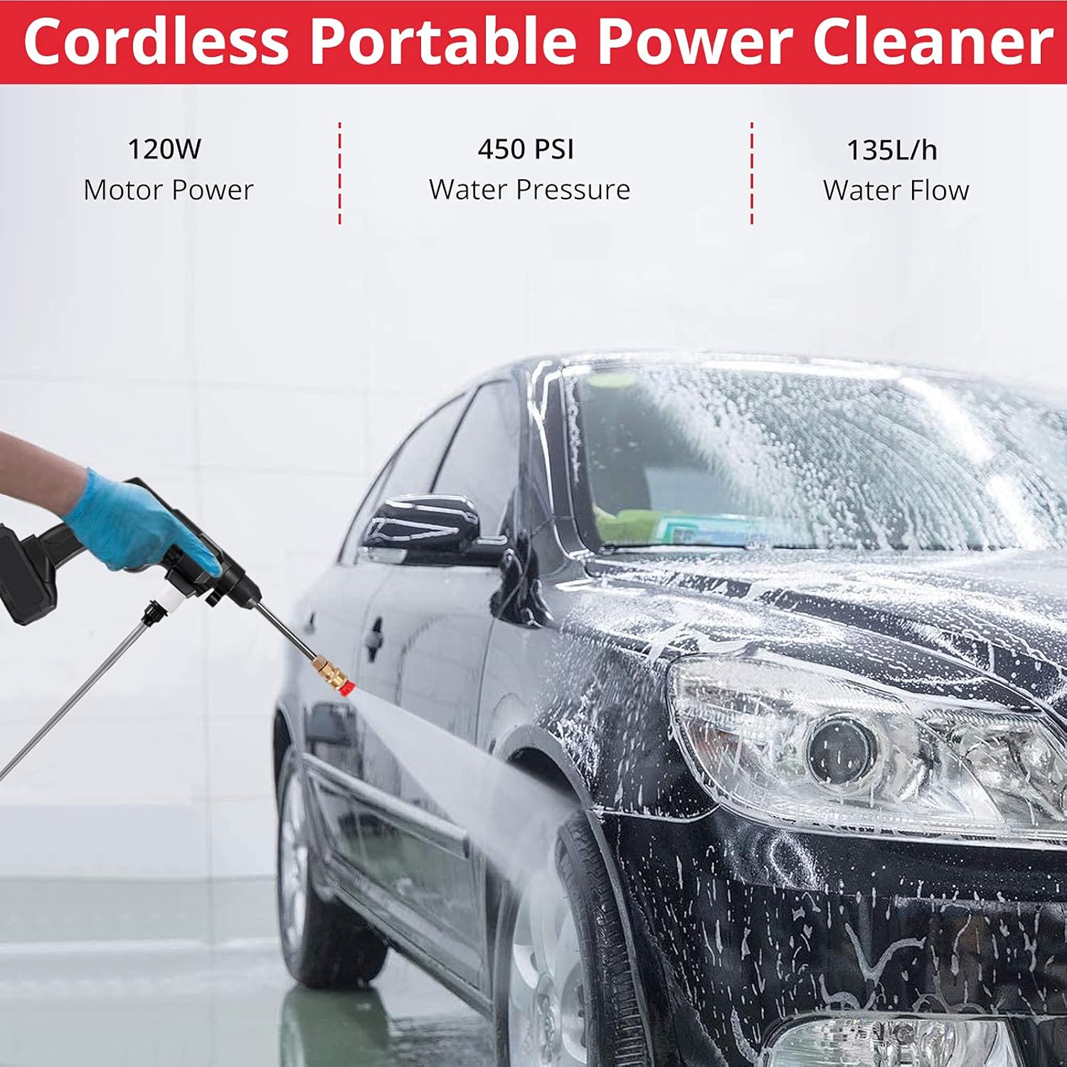 JUSTOOL Cordless Pressure Washer Power Washer 20V 4.0Ah Batteries Powered Cleaner 450 PSI Pressure Jet Cleaner 6 in 1 Adjustable Nozzle with Cleaning