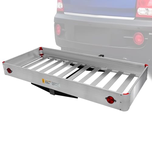 MaxxHaul 50149 500-lb Capacity 50 inch x 22 inch Hitch Mount Premium Folding Aluminum Cargo Carrier Rack Basket with High Side Rails and Reflector