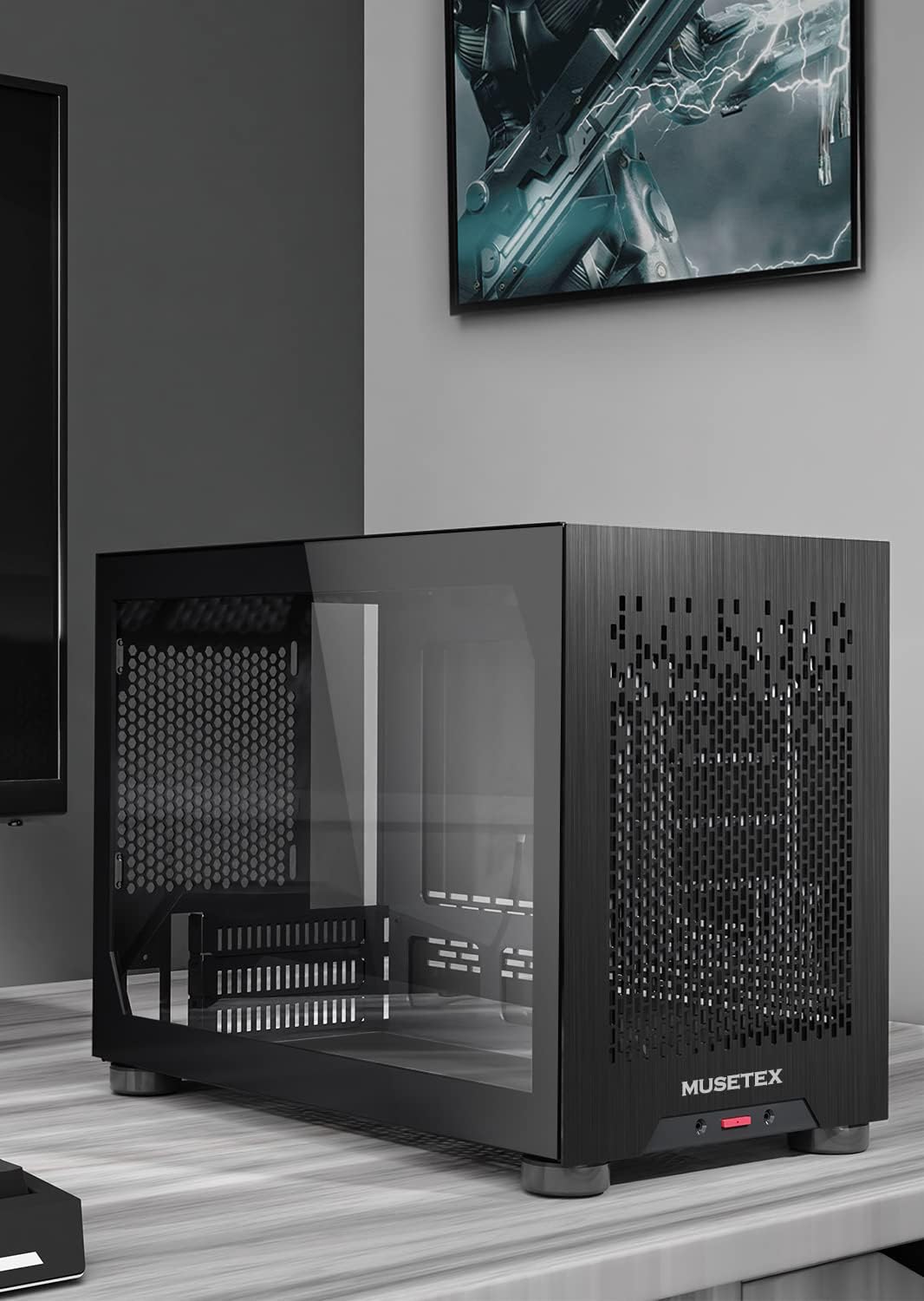 MUSETEX Mini-ITX PC Case, Tempered Glass Computer Gaming Case Small Compact, Aluminum Metal Brushed Texture Vented Panel, Black, T2