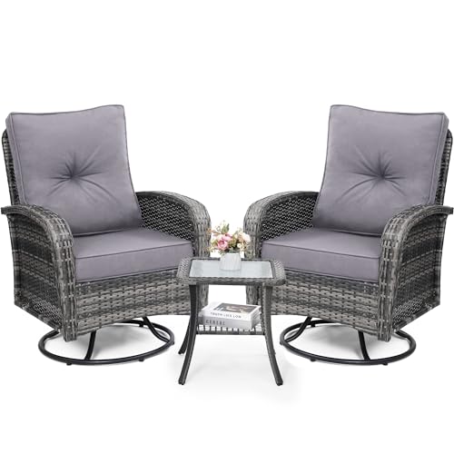 3 Piece Rattan Wicker Bistro Set, Outdoor Conversation Furniture Set with Glass Top Table, Space Saving for Balcony, Backyard, Natural