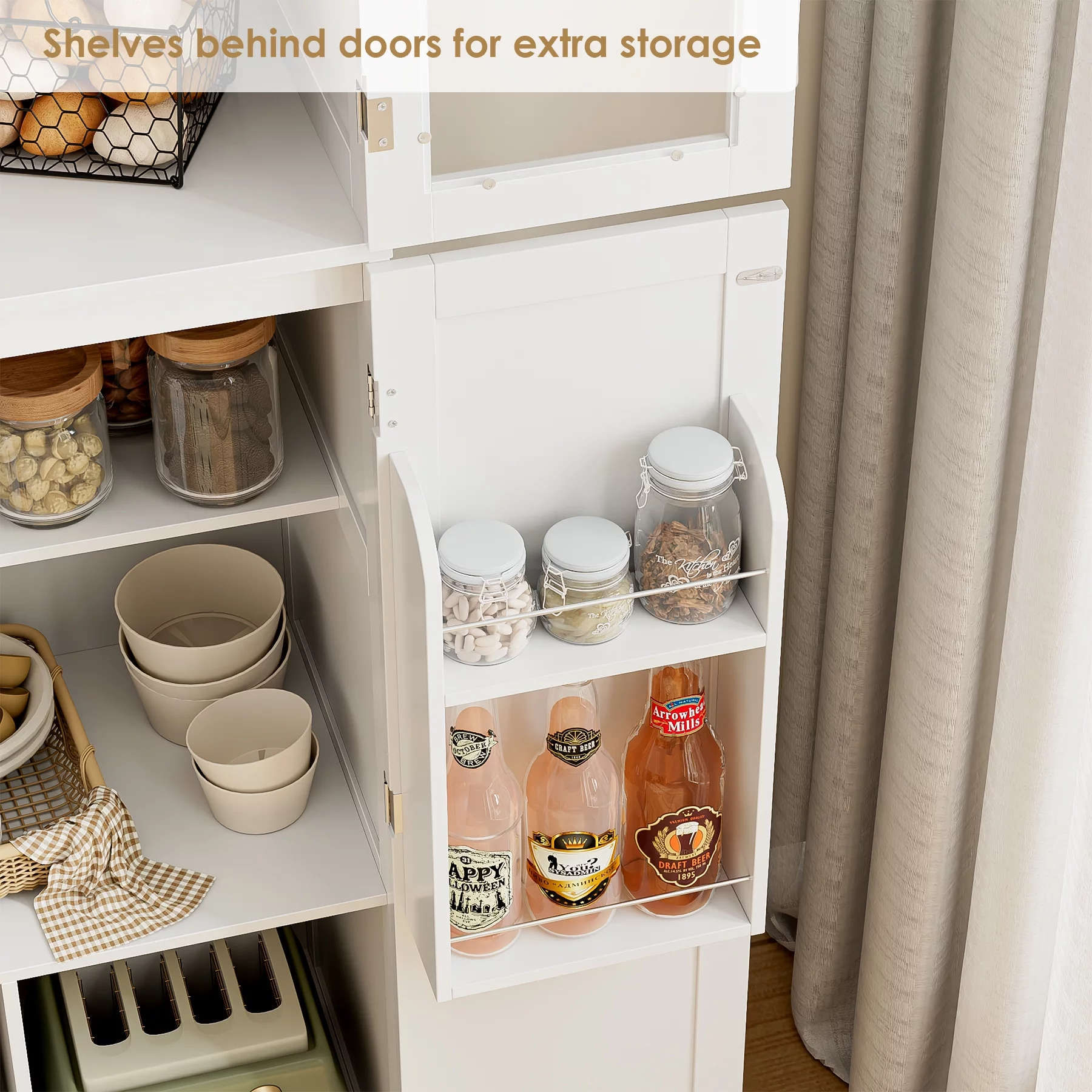 Homfa Farmhouse Kitchen Pantry Cabinet,  67'' Food Storage Cabinet with Frosted Glass Doors for Dining Room, White