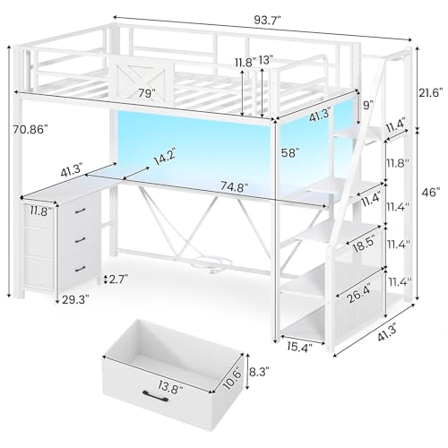 Itaar Stairway Twin Size Loft Bed with L Shaped Desk and Wardrobe, Metal Loft Bed Frame with Storage Stairs,3 Fabric Drawers