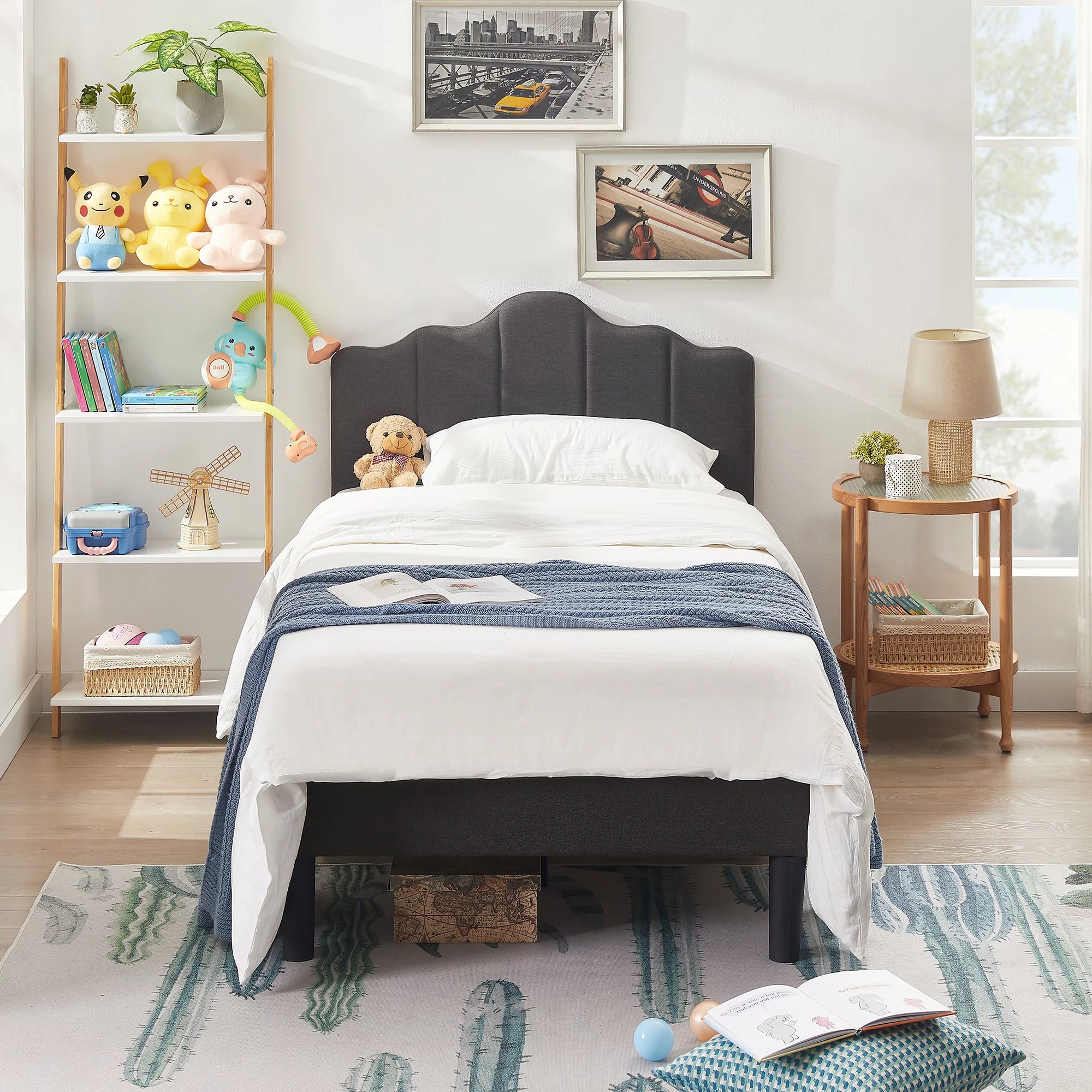 VECELO Twin Size Bed with Adjustable Headboard, Modern Upholstered Platform Bed Frame for Bedroom, No Spring Box Need, Dark Grey
