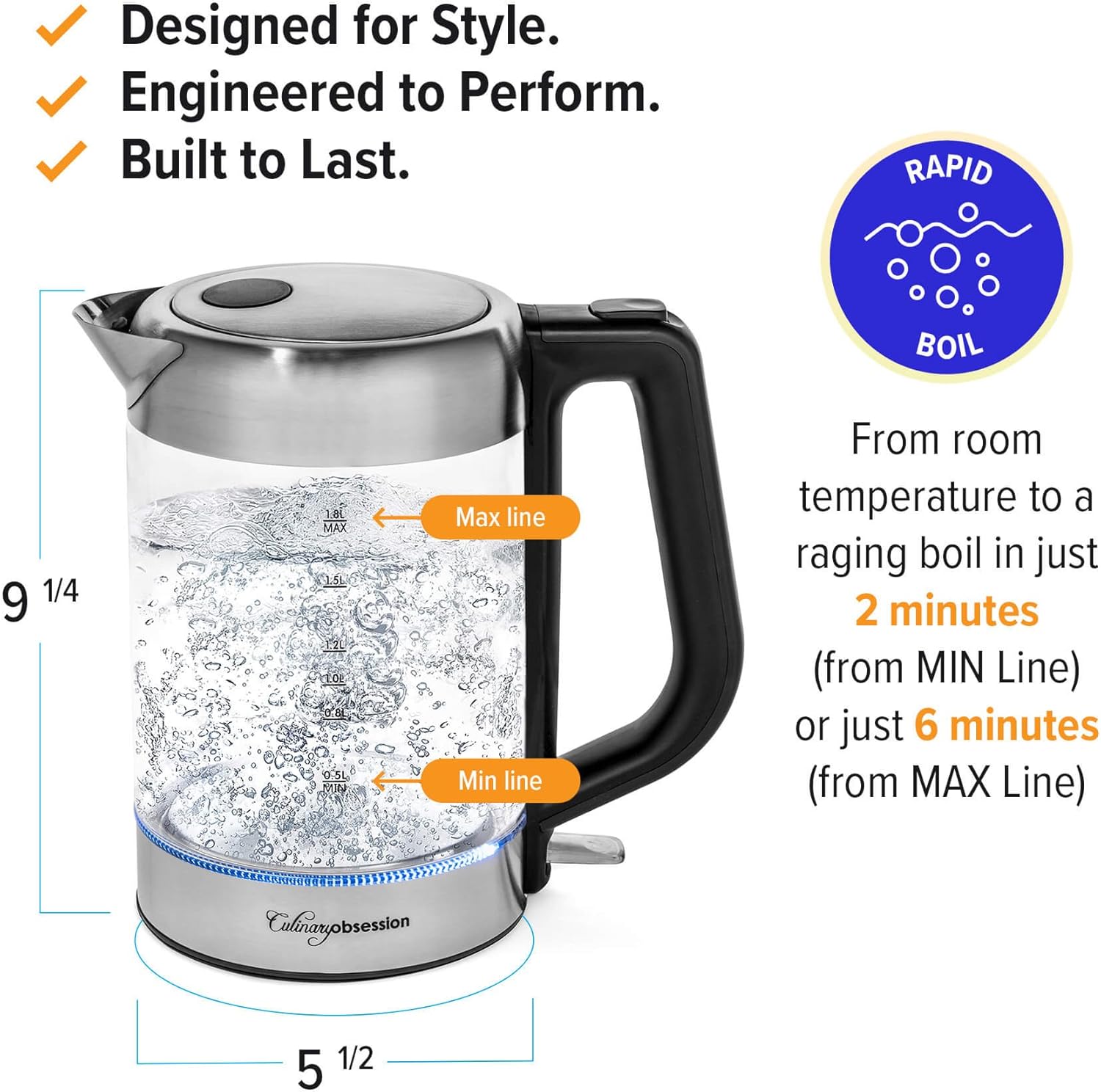 Glass Electric Kettle | BPA Free with Borosilicate Glass & Stainless Steel - 1.8 Liter Rapid Boil Cordless Teapot with Automatic Shut Off