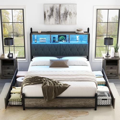 AMERLIFE Full Size Bed Frame with Bookcase Headboard, 4 Storage Drawers, Wooden Platform Bed with Charging Station & LED Light, No Box Spring Needed