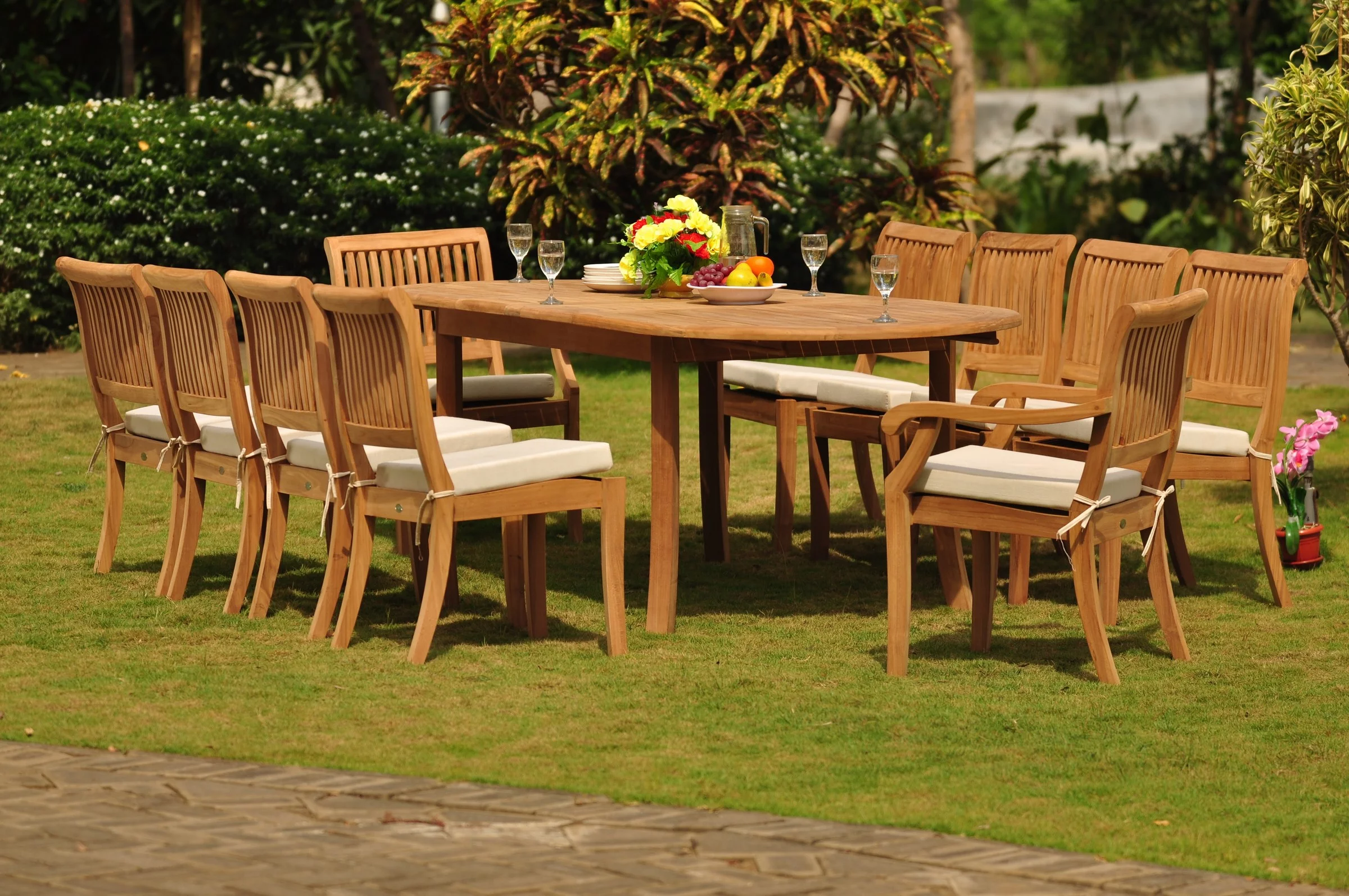 Teak Dining Set: 10 Seater 11 Pc: 94" Oval Table & 2 Stacking Arbor Arm & 8 Armless Chairs Outdoor Patio Grade-A Teak Wood WholesaleTeak #WMDSAB11