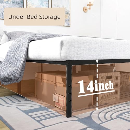 Full Size Bed Frame, 14 Inch Metal Platform Bed with Iron-Art Headboard & Footboard, Classic Bed Frame with Heavy Duty Metal Slats Support
