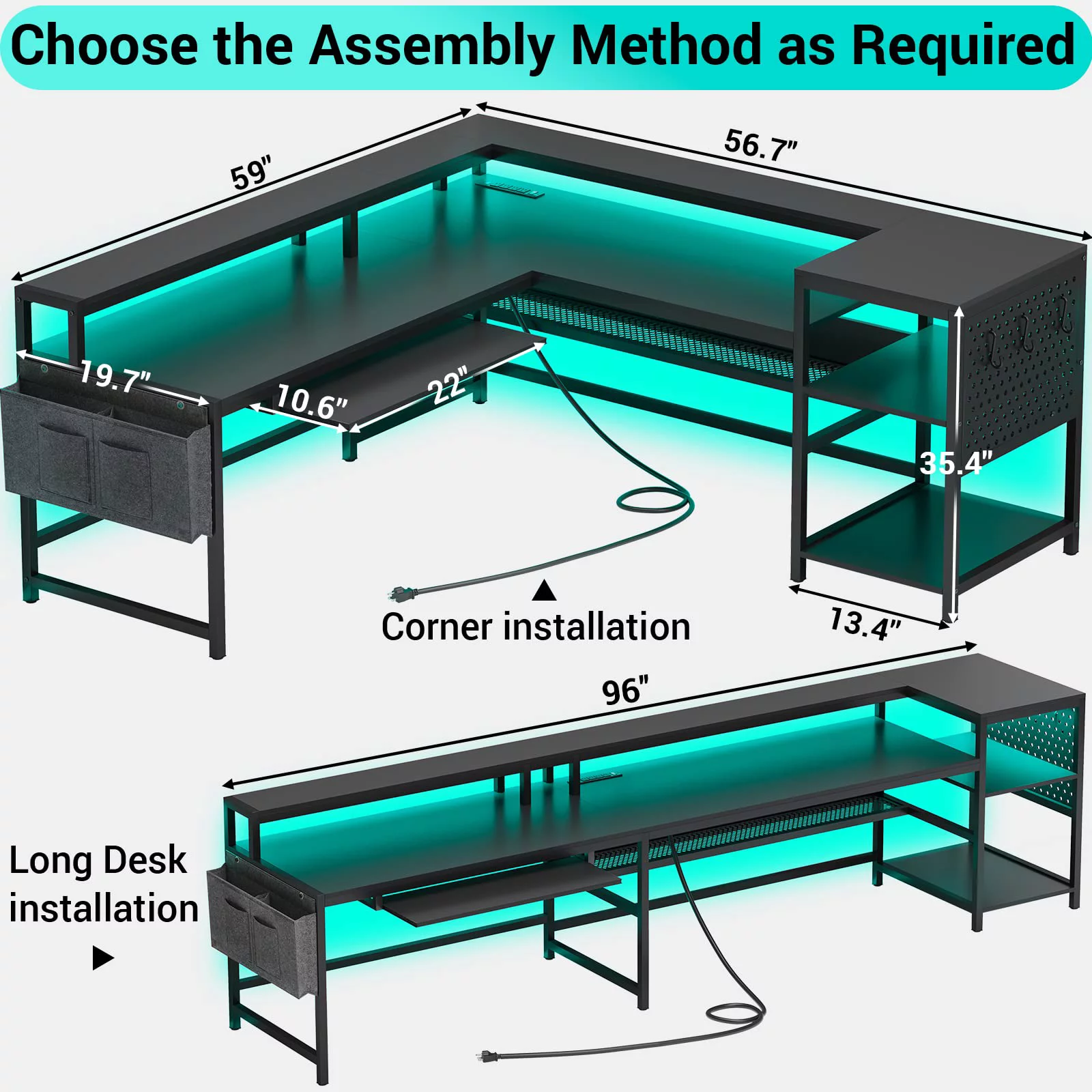 SEDETA L Shaped Gaming Desk, Reversible Computer Desk, Gaming Desk with Power Outlets and LED Strip, Keyboard Tray, Pegboard and Storage Shelves