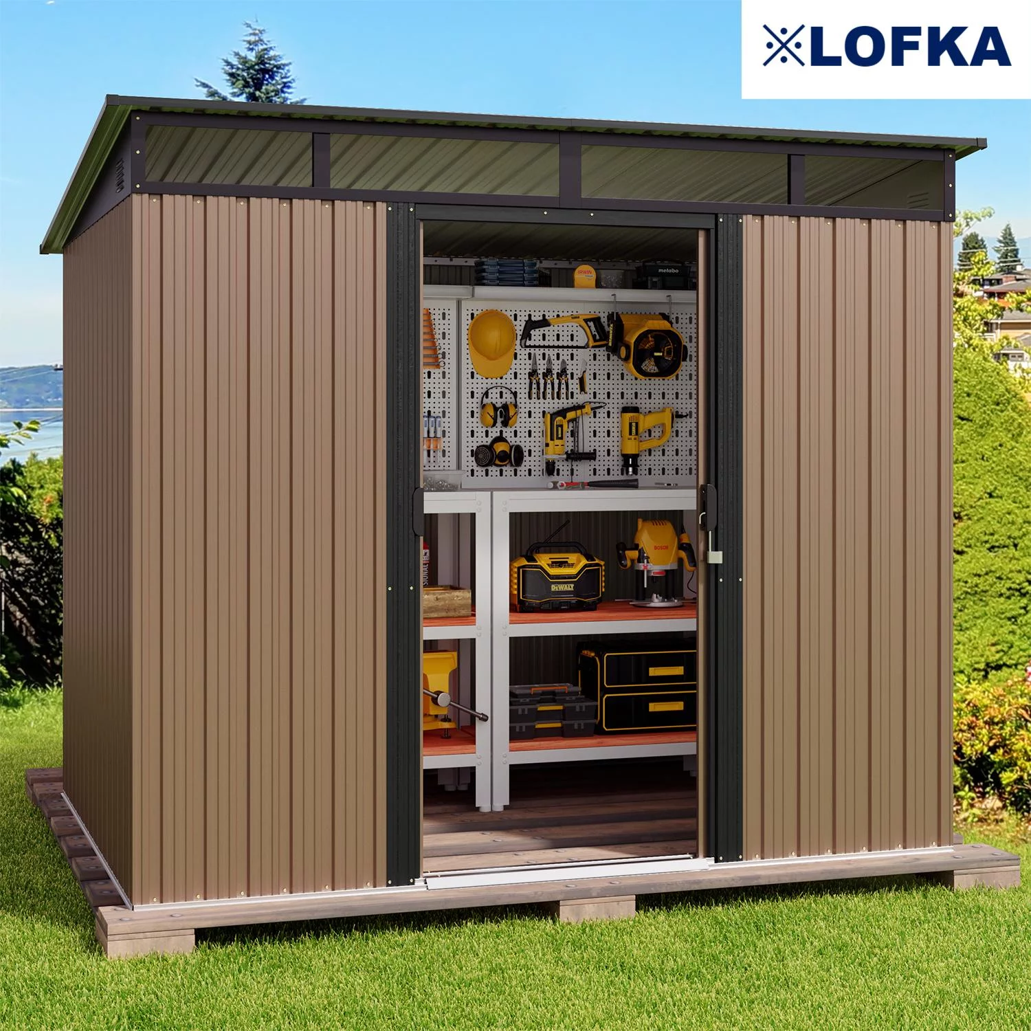 8'x6' Metel Shed, Lofka Outdoor Storage Shed,w/ Sliding Doors, Light Brown
