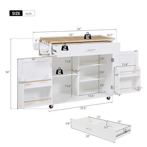 53.5''Farmhouse Kitchen Island with Power Outlet, Kitchen Storage Island with Drop Leaf, Spice Rack and Drawer, Rolling Kitchen Cart on Wheels