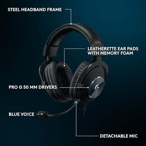Logitech G Pro X Wired Gaming Headset: Blue VO!CE Detachable Boom Mic, DTS 7.1, 50 mm Drivers, USB/3.5mm Aux, Spare Memory Foam Ear Pads