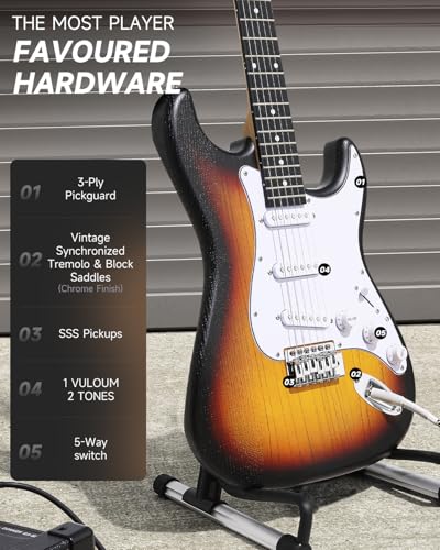 DONNER DST-80 Electric Guitar 39” Beginner Electric Guitar Kit with Amp, Classic SSS Pickup Complete with Gig Bag, Tuner, Capo, Strap, Picks