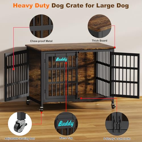 EasyCom 48"/42"/33" Dog Crate Furniture with Name Tag, Heavy Duty Dog Kennel Indoor for Large Dogs