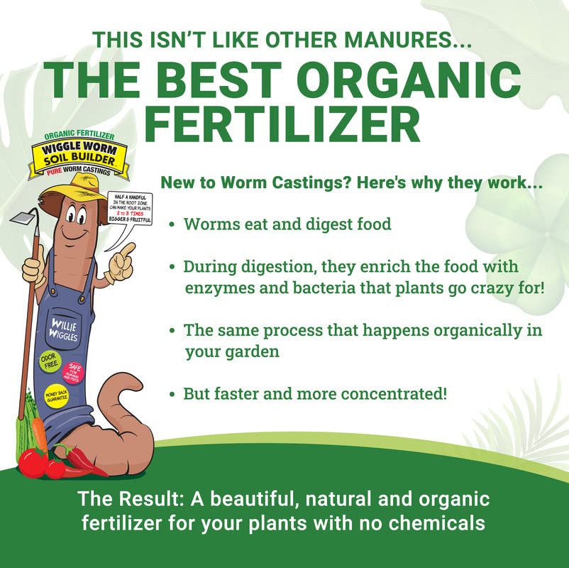 Wiggle Worm 100% Pure Organic Worm Castings Fertilizer, 30-Pounds - Improves Soil Fertility and Aeration for Houseplants, Vegetables, Gardens