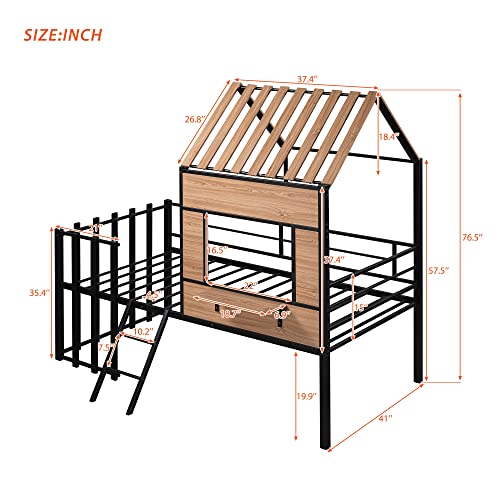 Harper & Bright Designs Kids House Beds Low Loft Bed Frame with Roof, Window, Guardrail and Ladder