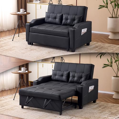 VINGLI Light Green Futon Sofa Bed Convertible Loveseat Sleeper Couch, Faux Leather Pullout Sofa Fold Out Couch Bed with USB Ports, Cup Holders