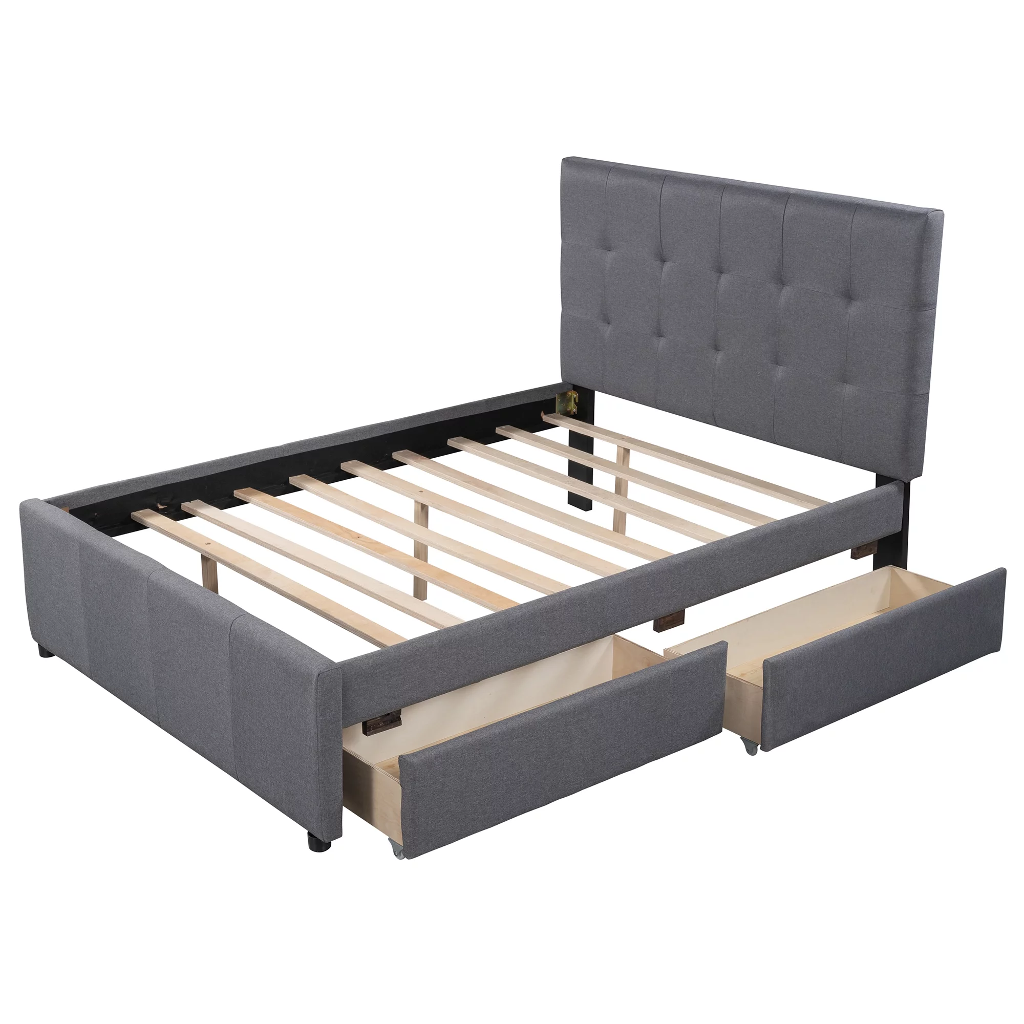 Euroco Upholstered Full Size Platform Bed with 2 Drawers for Kids Room, Solid Wood Daybed for Guests room, Gray