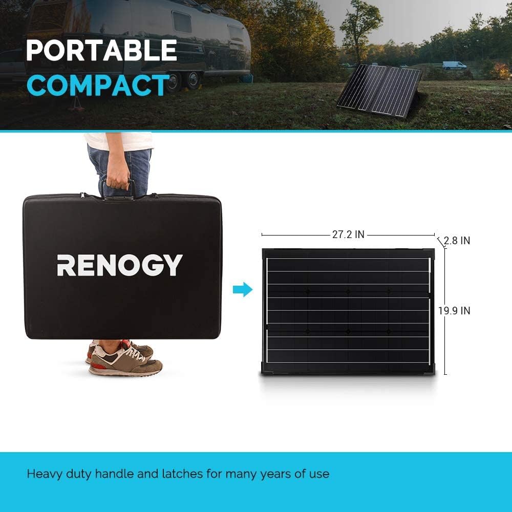 Renogy 100W 12V Monocrystalline Off Grid Portable Foldable 2pcs 50W Solar Panel Suitcase Built-In Kickstand