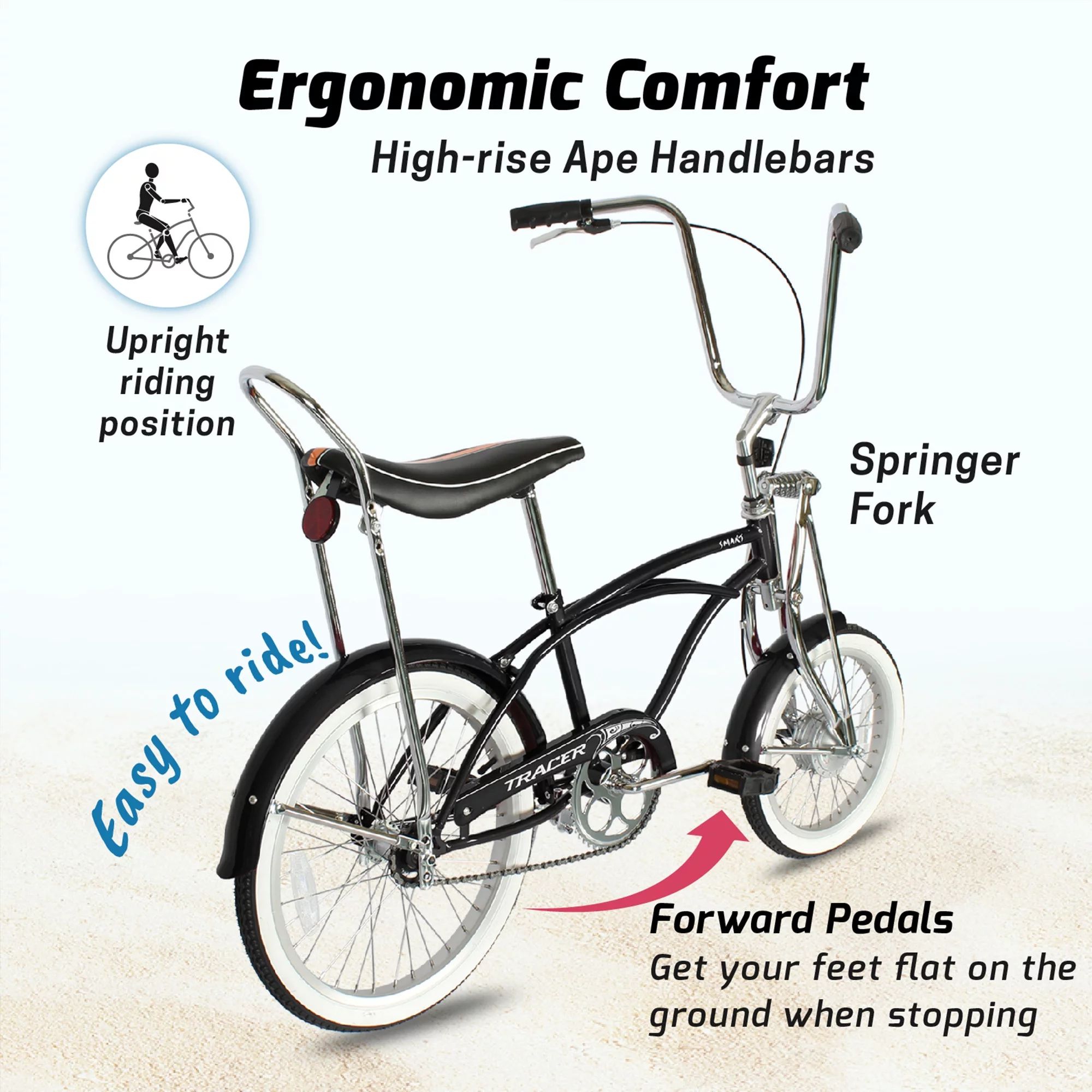 Tracer Smart Classic Beach Cruiser Bike, City Bike, Lowrider Springer Fork Bike Retro Banana Seat,High Rise Handlebar, Coaster Brakes, 20 inch Wheels