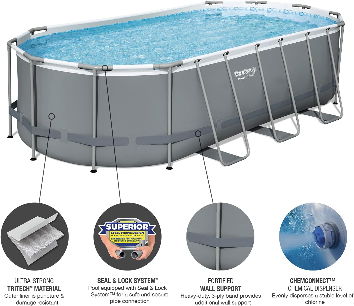 Bestway 56711E Power Steel 18' x 9' x 48 Outdoor Oval Frame Above Ground Swimming Pool Set with 1500 GPH Cartridge Filter Pump, Cover, & Ladder, Gray