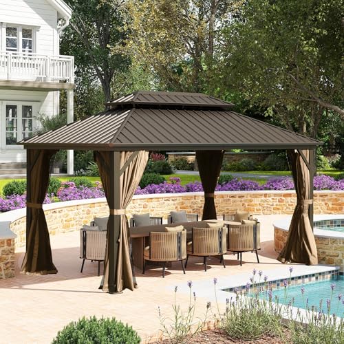 Domi 10’ x 10’ Hardtop Gazebo Metal Frame Canopy with Netting & Curtains