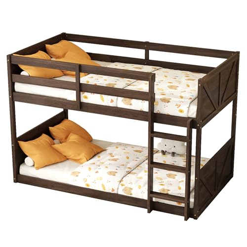Bunk Bed Twin Over Twin, Wood Low Profile Floor Twin Bunk Beds with Ladder Guardrails for Kids Boys and Girls, No Box Spring Needed