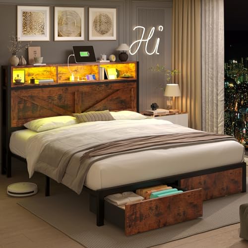 Farmhouse Full Size Bed Frame with Storage Bookcase Headboard and Drawers, RGB LED Lights and Charging Station, No Box Spring Needed, Noise Free