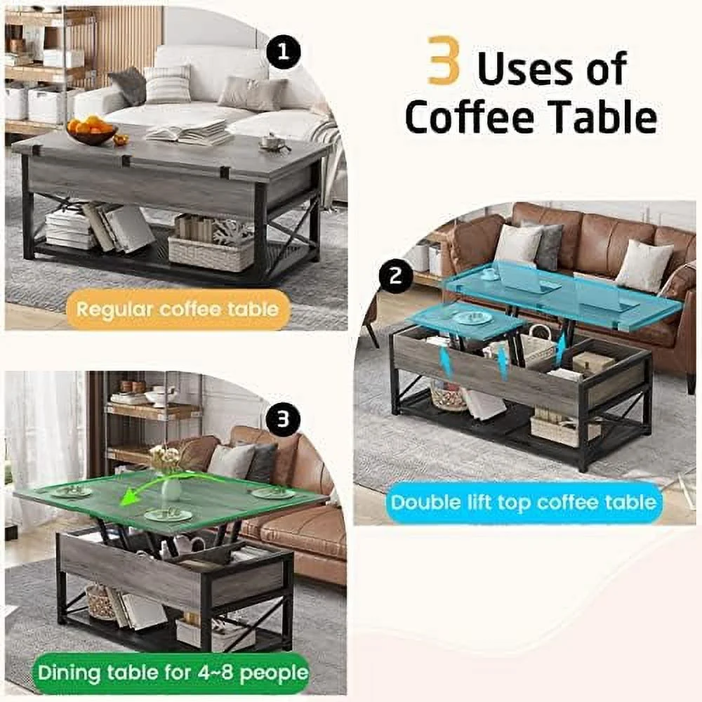 43" Lift Top Coffee Table  3 in 1 Multi- Small Coffee Table with  for Living Room  Dining Reception Room  Grey