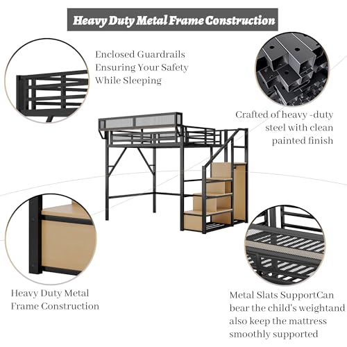 Full Size Loft Bed with Desk and Stairs, Heavy-Duty Steel Loft Bed Frame with Wardrobe & LED Light