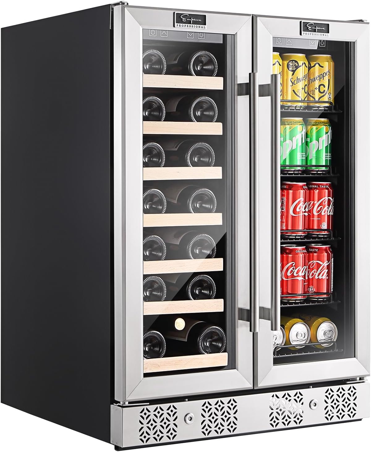 Empava Wine and Beverage Refrigerator Cooler Dual Zone 24 inch, Built-in Counter or Freestanding Fridge with Glass Door and LED Light