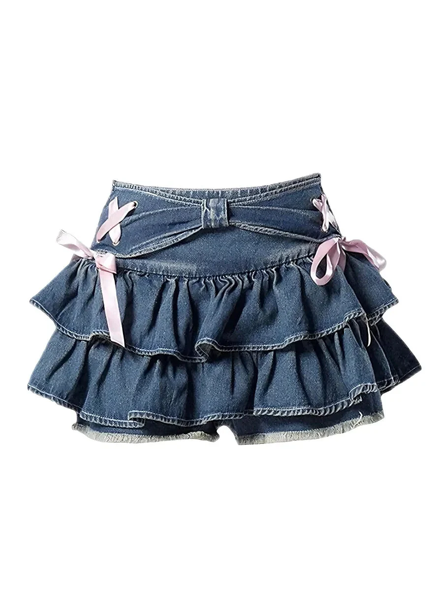 'Denim Doll' Coquette Ribbon Lace Up Ruffle Mini Skirt
