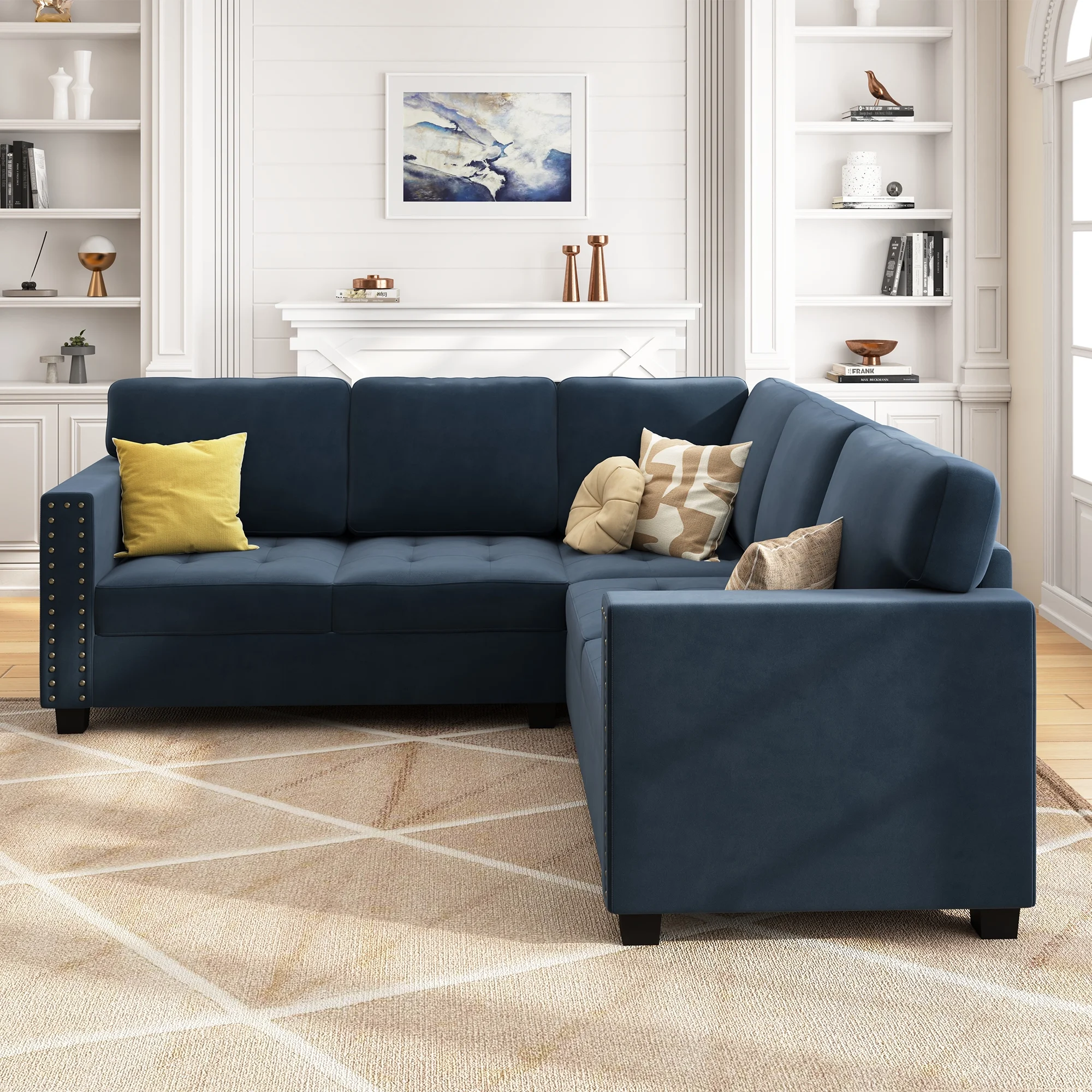 HONBAY Modern Sectional Sofa Sets L-Shaped Corner Couch with Biscuit Tufted Design for Living Room, Dark Navy Blue