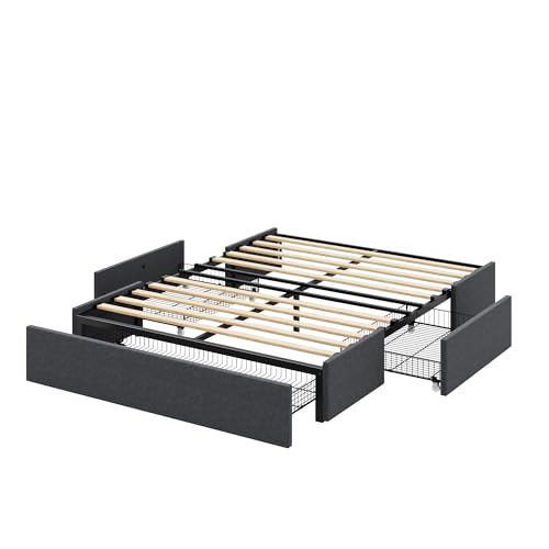 Allewie Queen Size Platform Bed Frame with 3 Storage Drawers, Fabric Upholstered, Wooden Slats Support, No Box Spring Needed, Noise Free