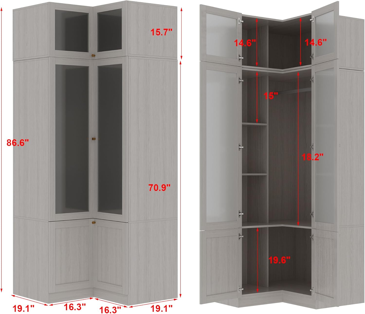 Homsee L-Shape Armoire Wardrobe Closet with Frosted Glass Doors, Hanging Bar & Shelves, Wooden Closet Storage Cabinet with Top Cabinet for Bedroom