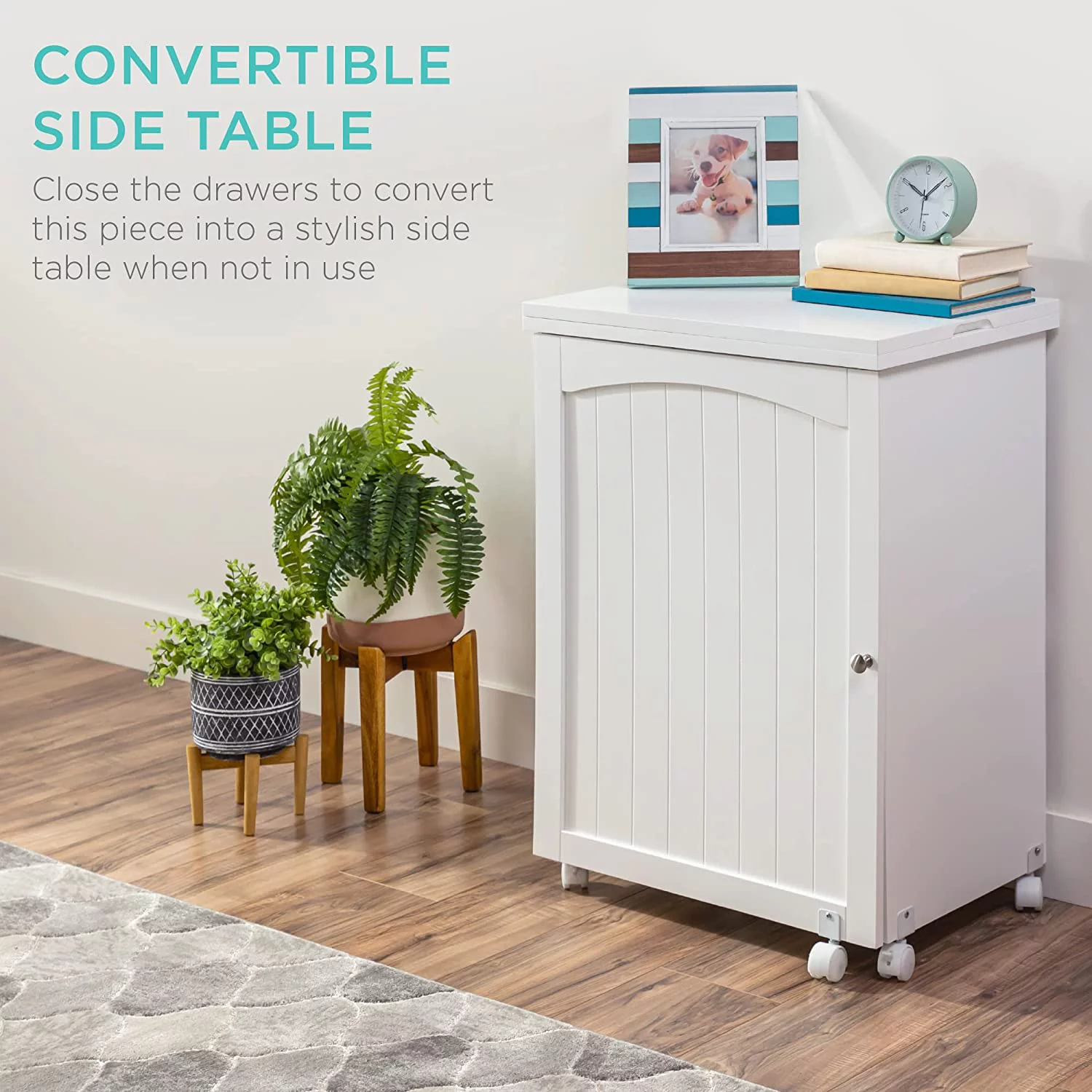 Folding Sewing Table Multipurpose Craft Station & Side Desk with Compact Design, Wheels, Shelves, Bins, Pegs, Magnetic Doors, Metal Doorknobs