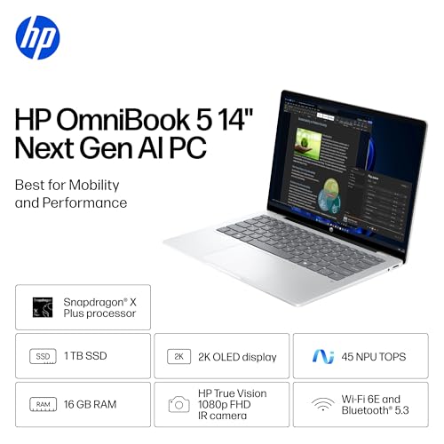 HP OmniBook 5 14 inch Next Gen AI PC, OLED Display, Snapdragon X Plus X1P-42-100, 16 GB RAM, 1 TB SSD, Qualcomm Adreno GPU, Windows 11 Home