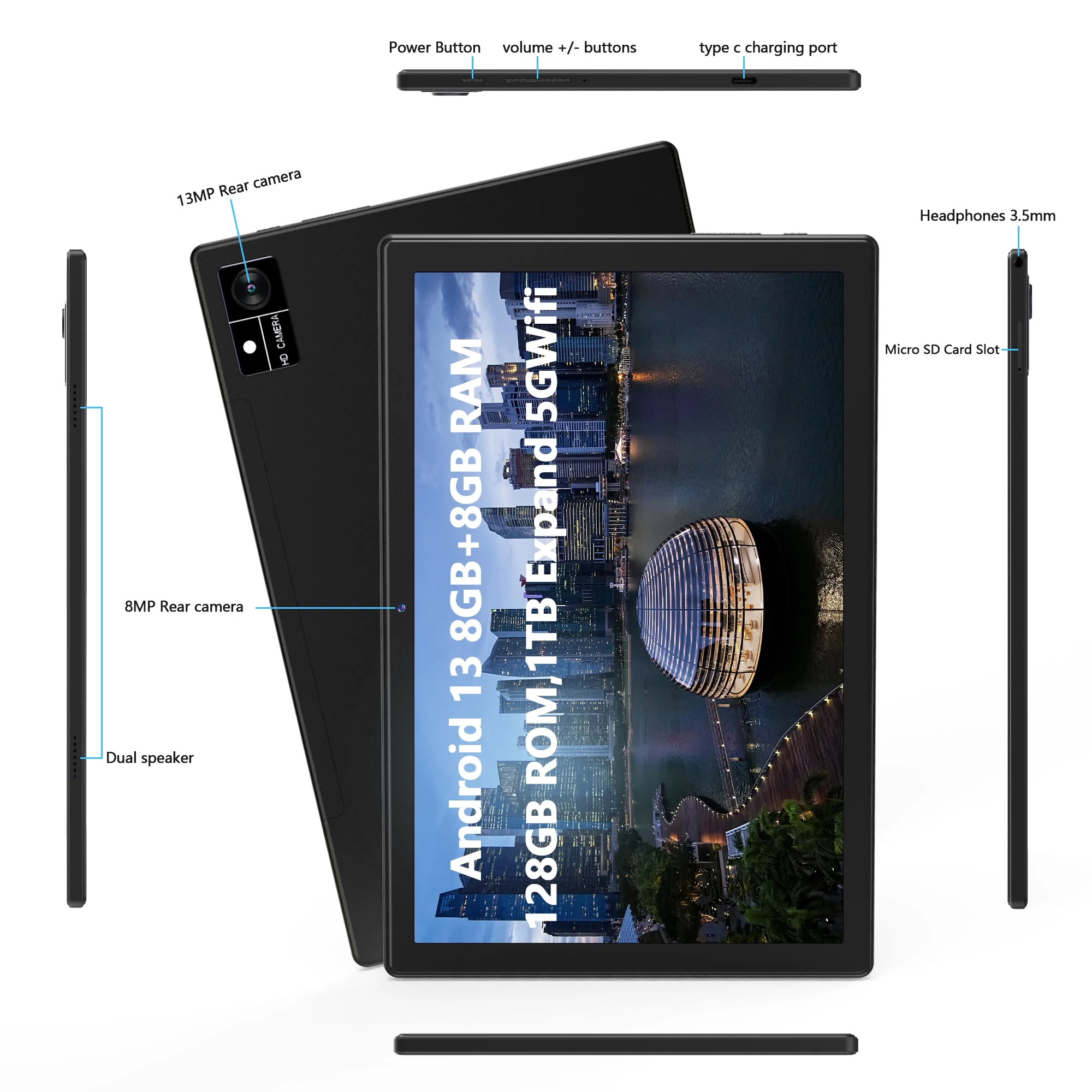 10in Android 13 Tablet（8+8)gb Ram 128gb Rom 1TB Computer Tablets Pc with Keybord Octa Core MTK8183 Gps 5G Wifi