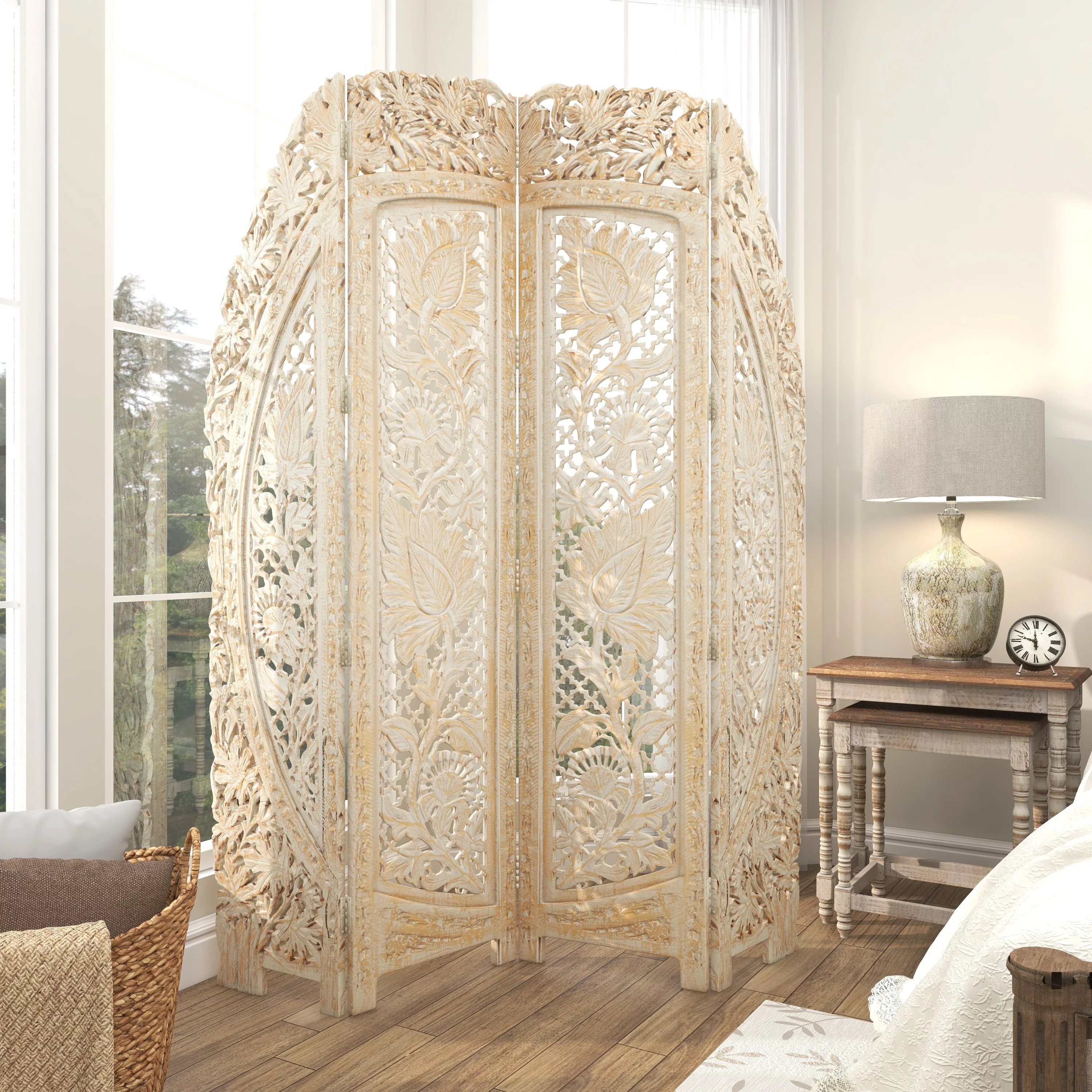 DecMode 60" x 72" White Wood Floral Handmade Foldable Arched Partition 4 Panel Room Divider Screen with Intricately Carved Designs, 1-Piece