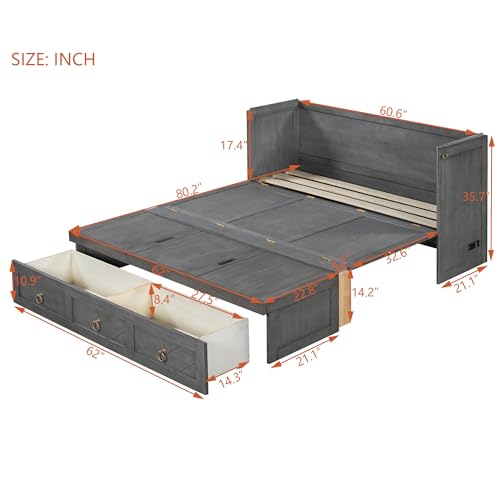 Harper & Bright Designs Full Size Murphy Bed Wall Bed, Solid Pine Murphy Bed Chest Cube Cabinet Bed with USB
