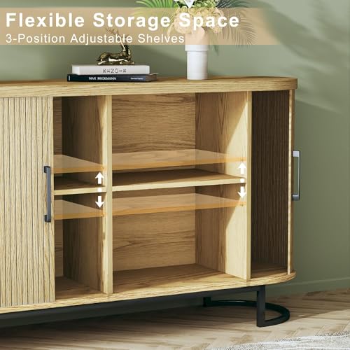 Sideboard Buffet Cabinet with Storage, 54.3" Fluted Tambour, Adjustable Shelves, Mid Century Modern Console for Living Room Kitchen Walnut