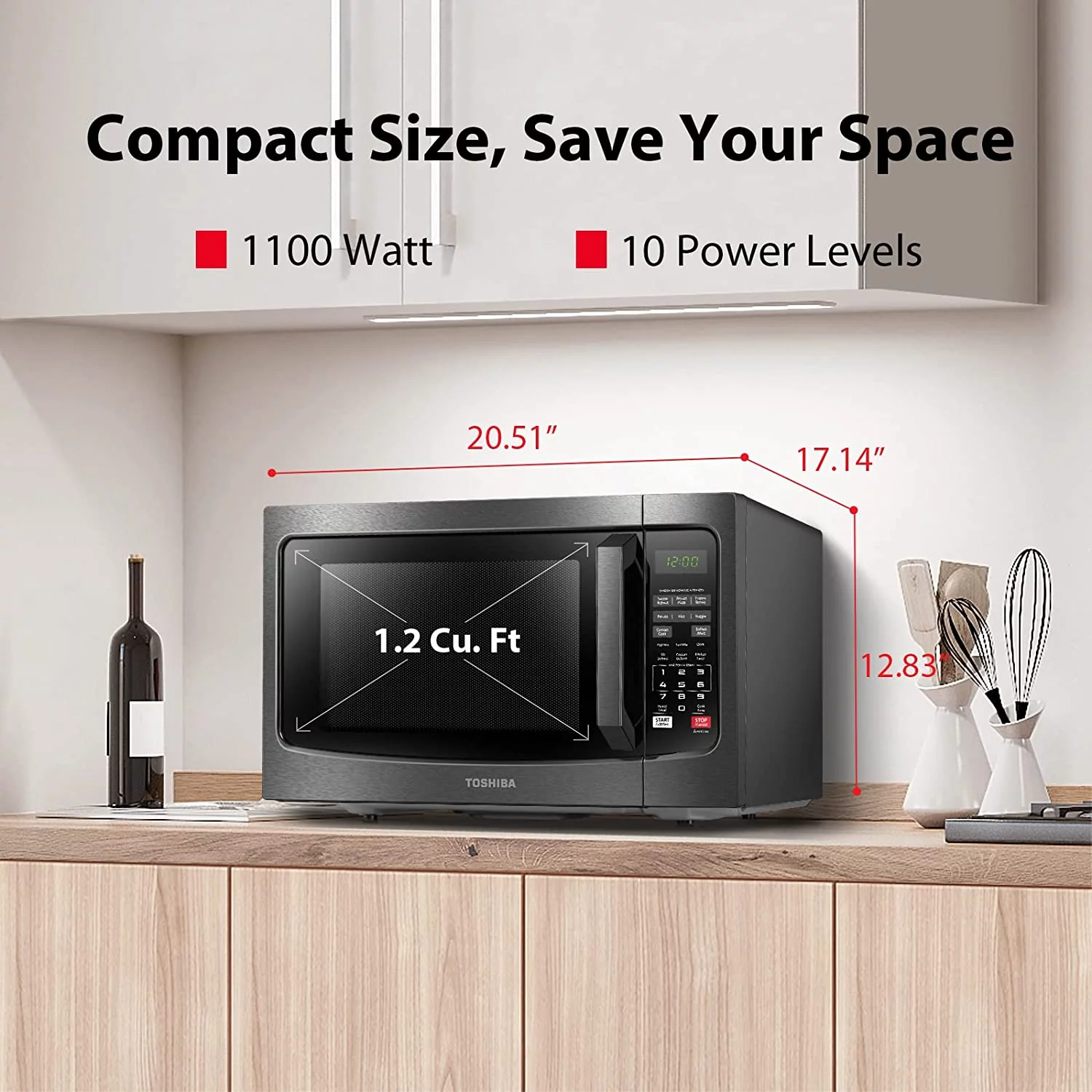 Restored Toshiba EM131A5C-BS Microwave Oven with Smart Sensor Easy Clean Interior, ECO Mode and Sound On-Off, 1.2 Cu. ft